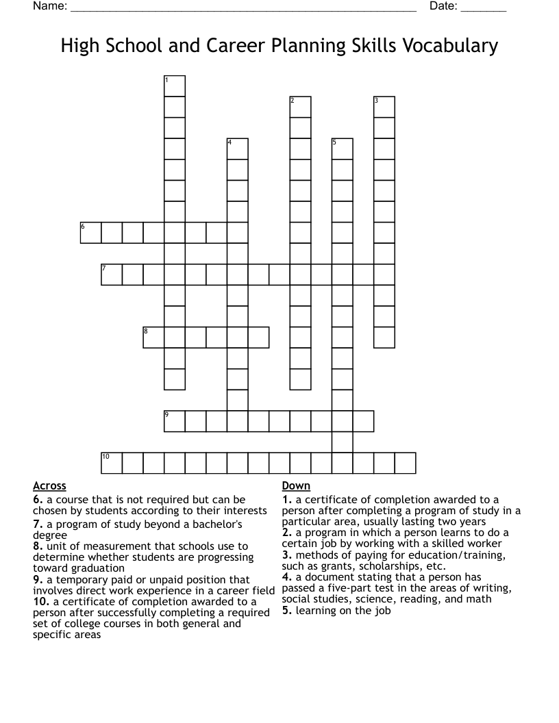 High School and Career Planning Skills Vocabulary  Crossword