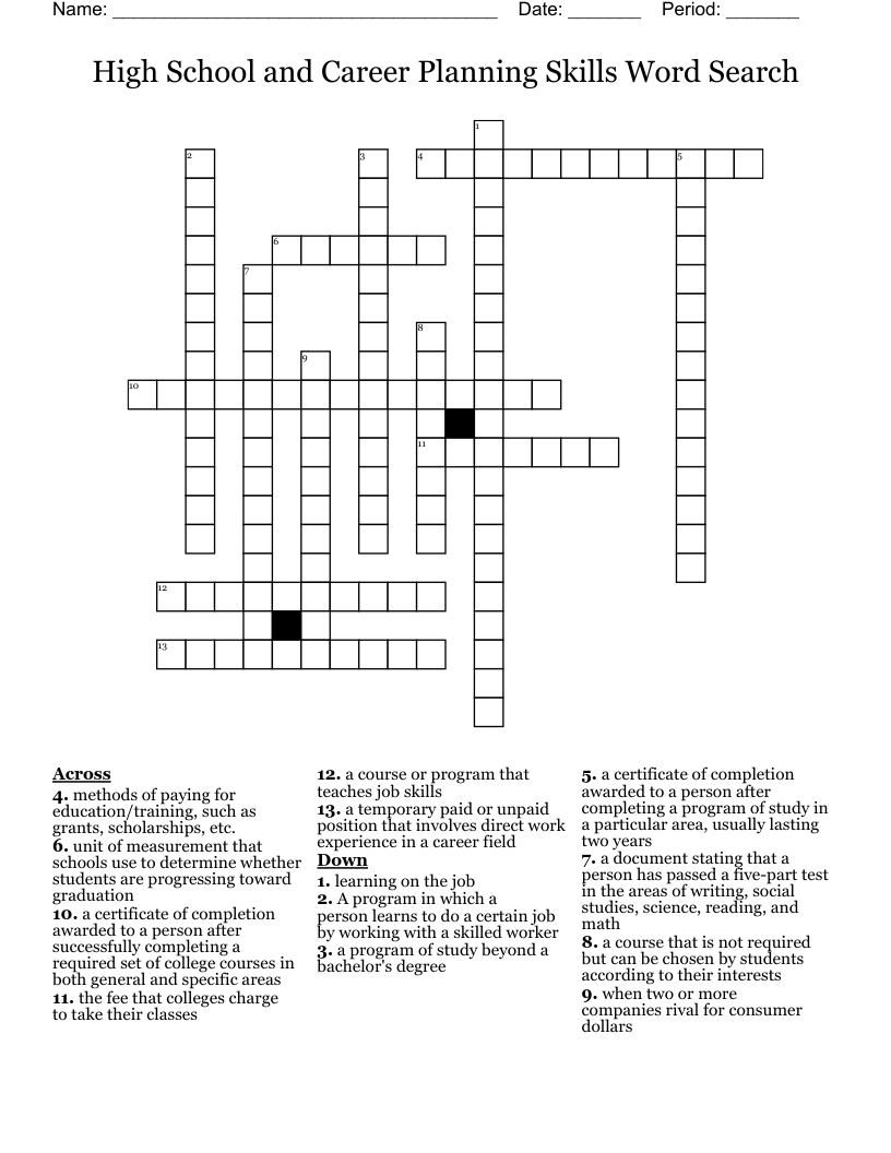 High School and Career Planning Skills Word Search Crossword