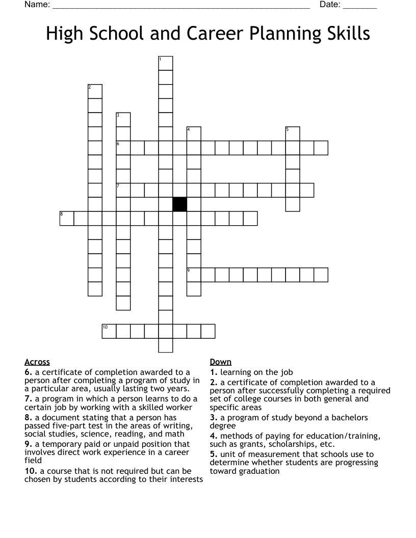 High School and Career Planning Skills  Crossword