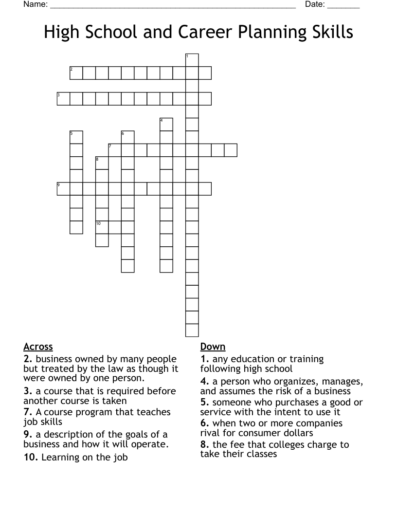 High School and Career Planning Skills  Crossword