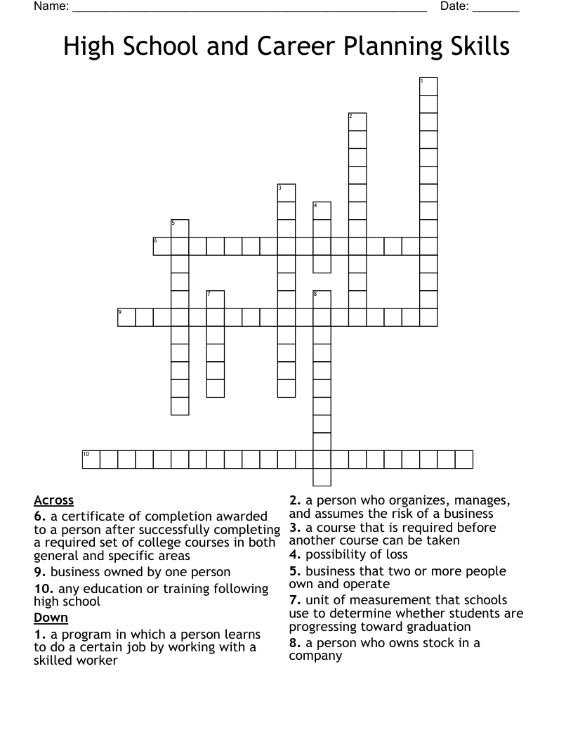 High School and Career Planning Skills  Crossword
