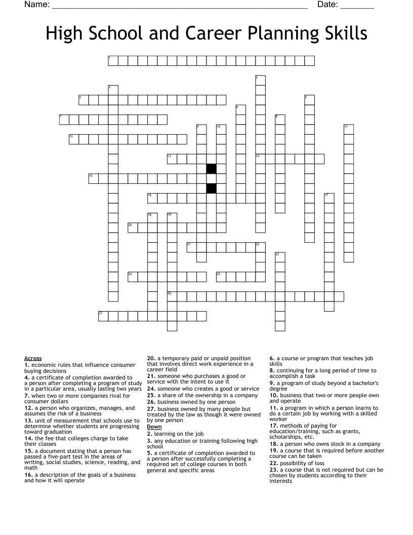 High School and Career Planning Skills  Crossword