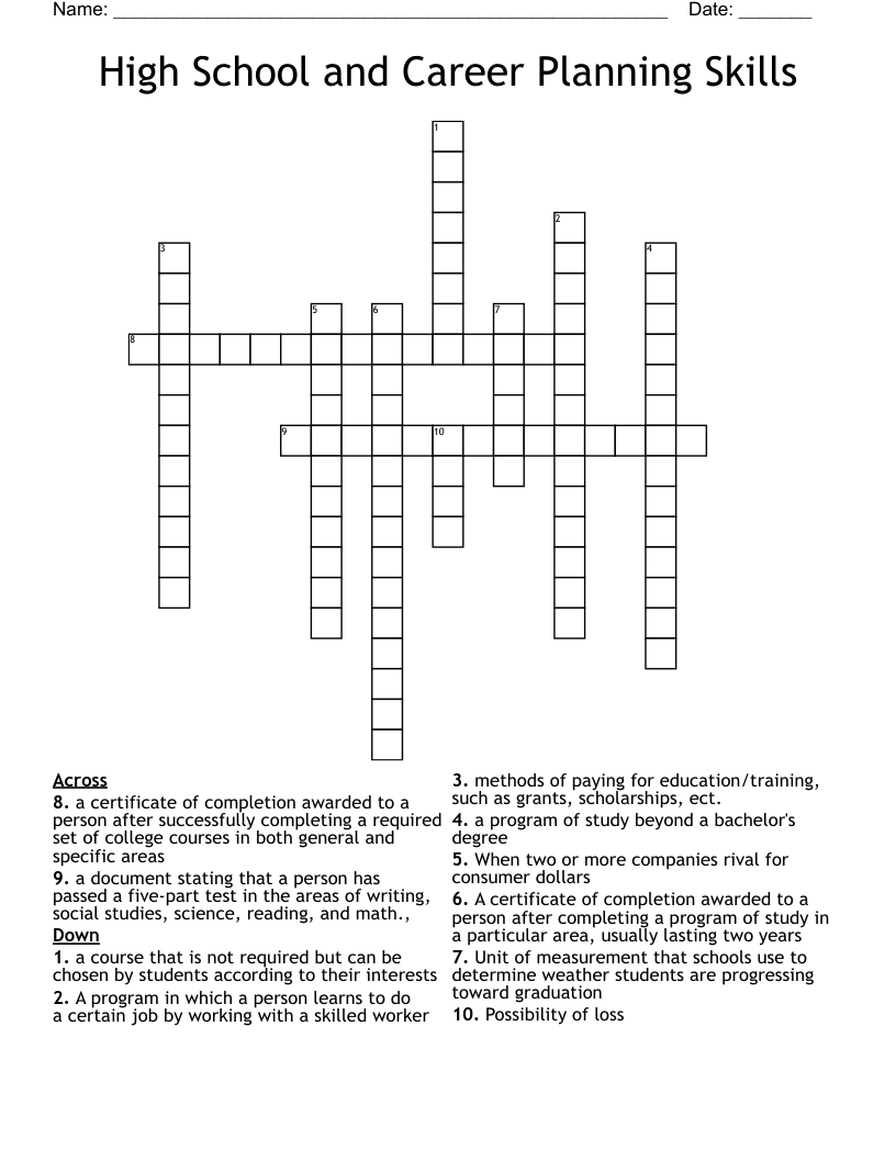 High School and Career Planning Skills  Crossword