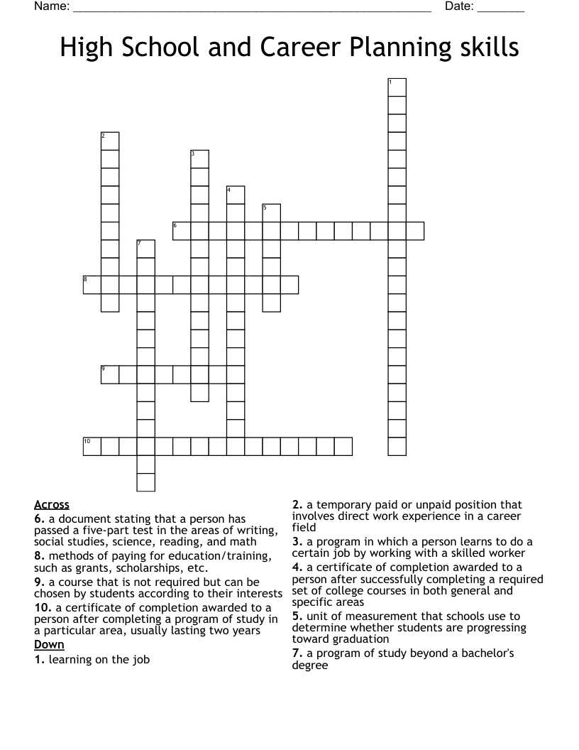 High School and Career Planning skills Crossword