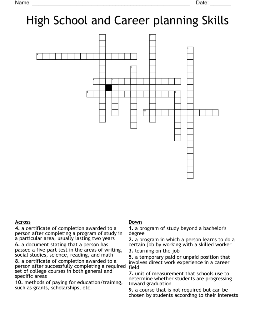 High School and Career planning Skills Crossword