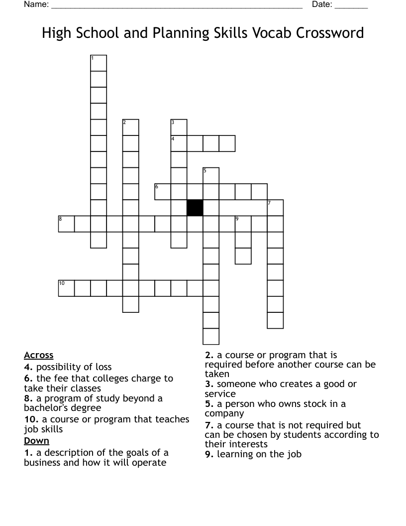 High School and Planning Skills Vocab Crossword