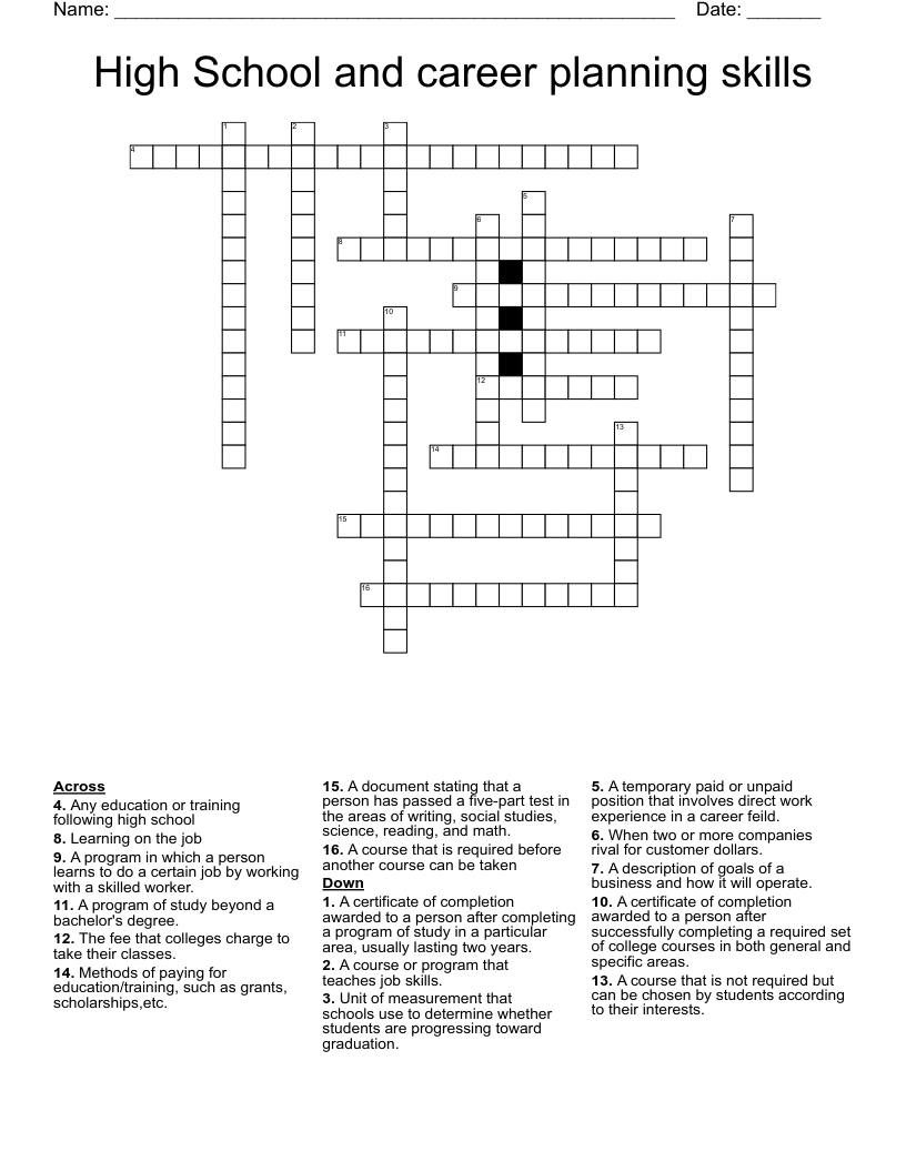 High School and career planning skills Crossword
