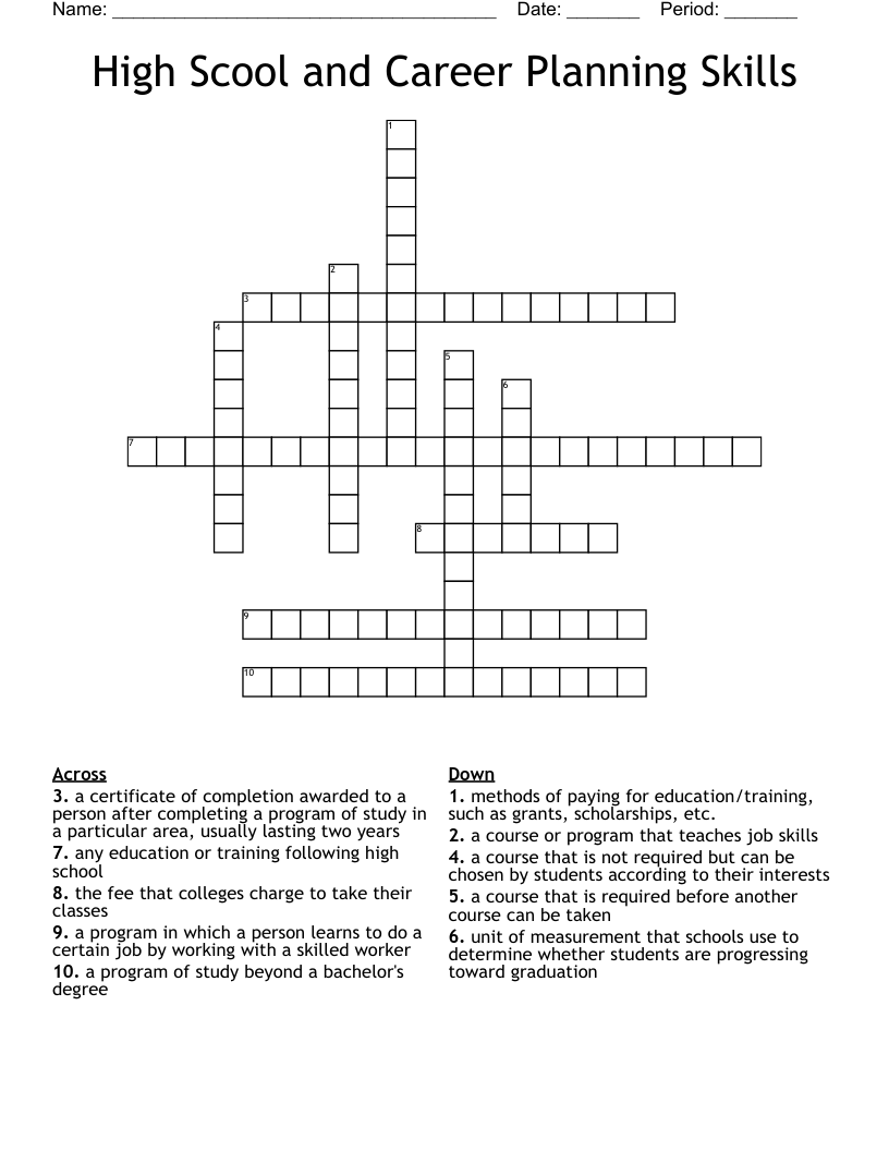 High Scool and Career Planning Skills Crossword