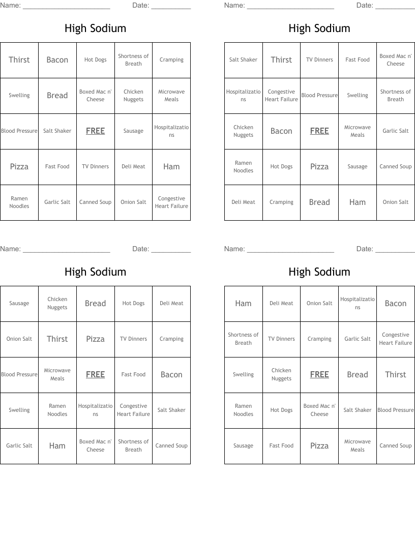 High Sodium Bingo Cards
