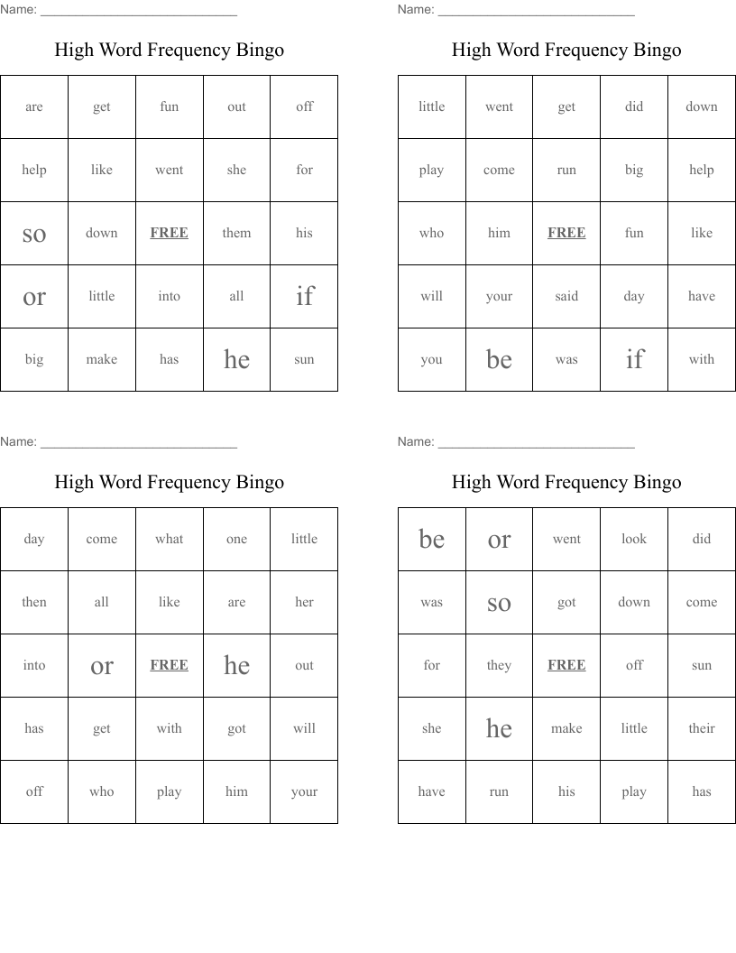 High Word Frequency Bingo