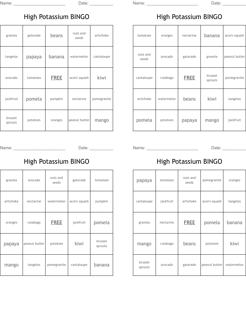 High  Potassium BINGO