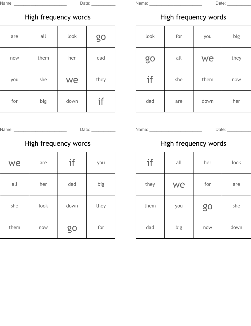 High frequency words Bingo Cards