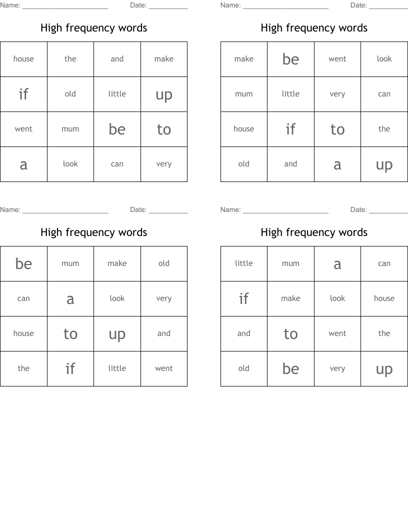 High frequency words Bingo Cards