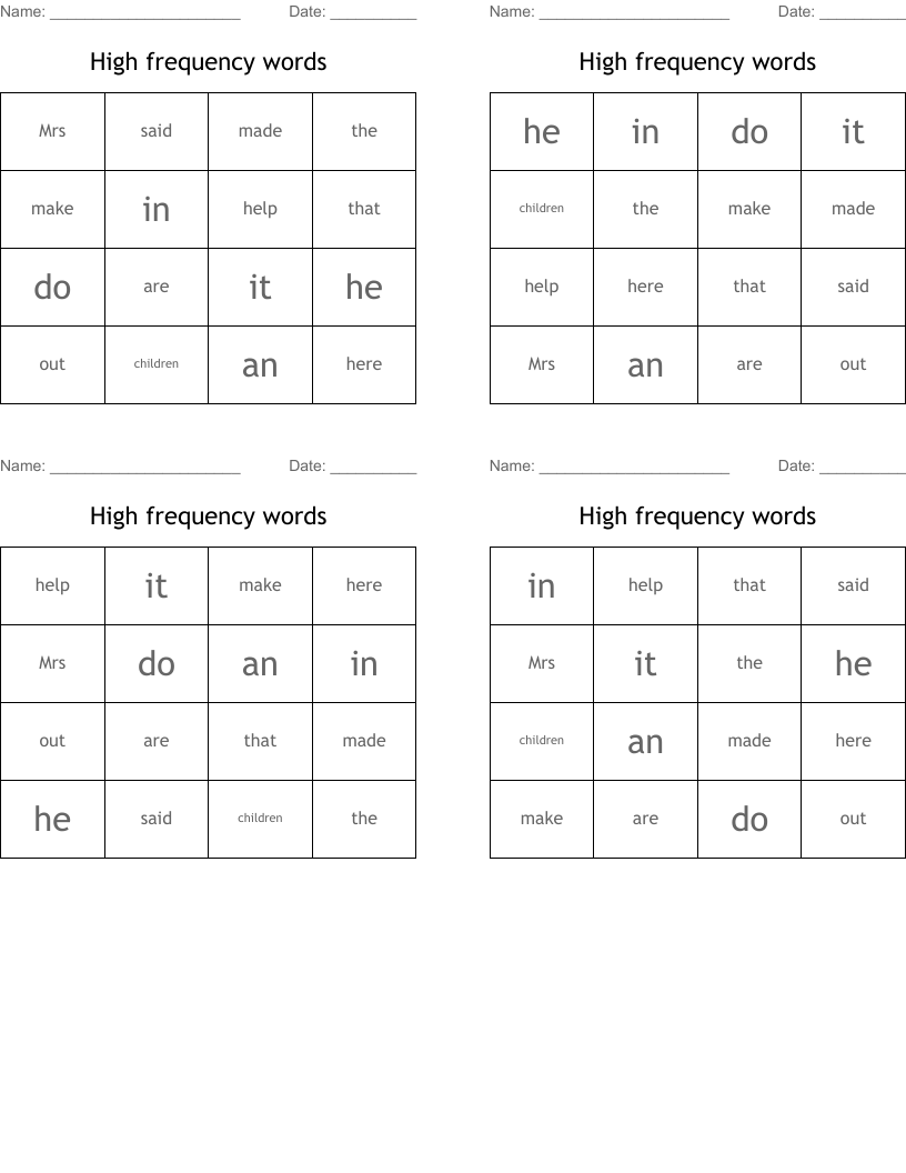 High frequency words Bingo Cards