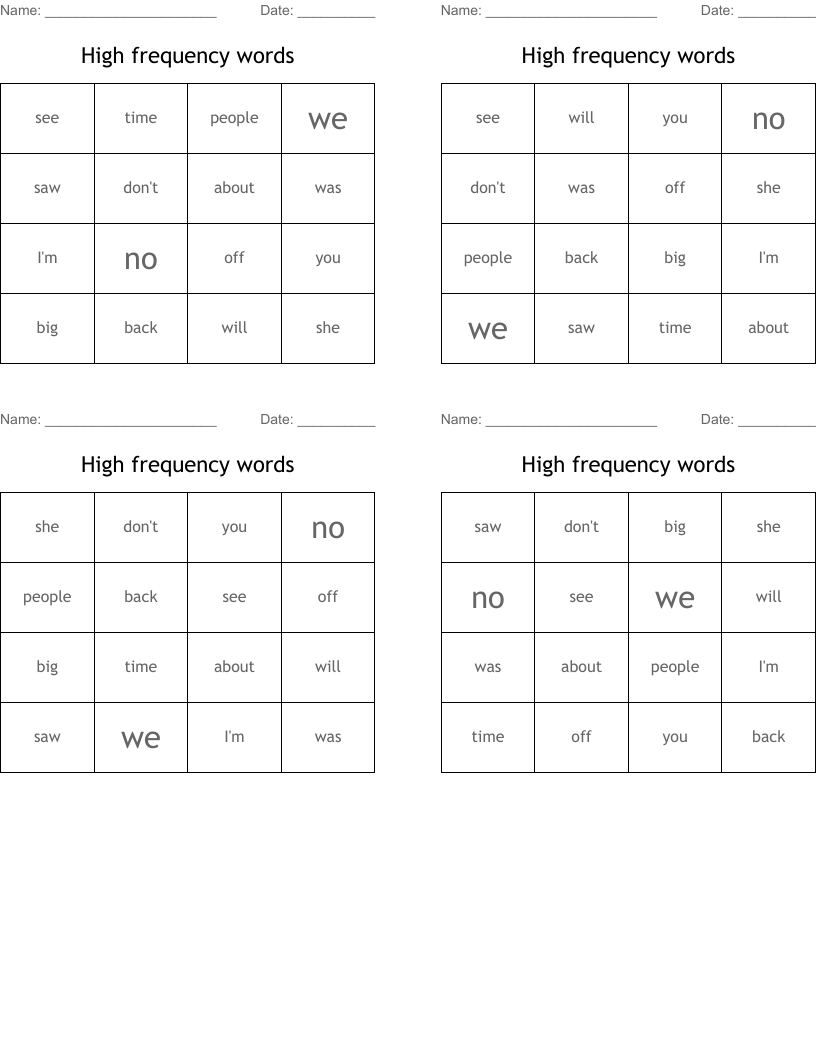 High frequency words Bingo Cards