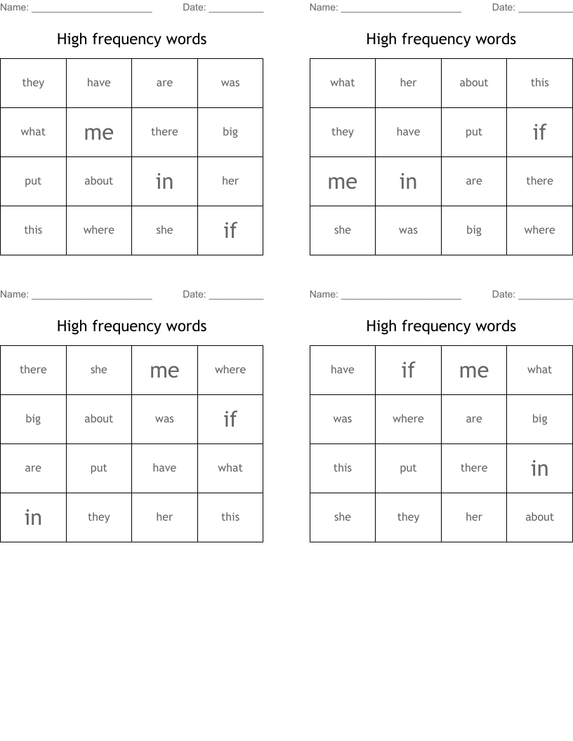 High frequency words Bingo Cards