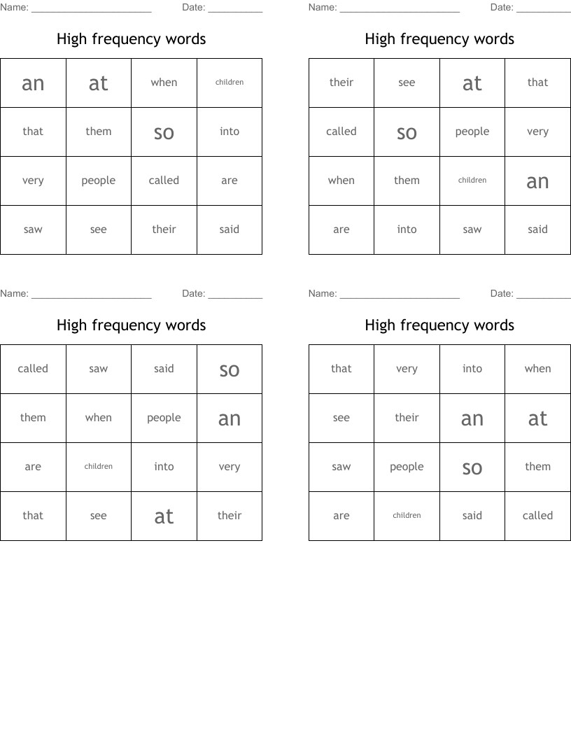 High frequency words Bingo Cards