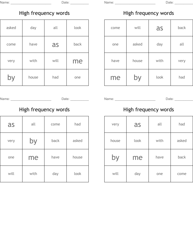 High frequency words Bingo Cards