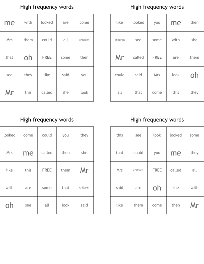 High frequency words Bingo Cards