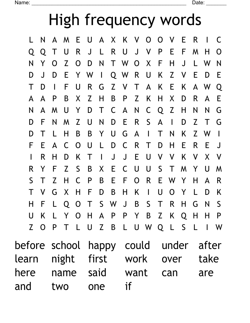 High frequency words Word Search