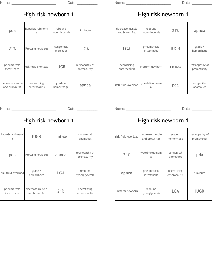 High risk newborn 1 Bingo Cards