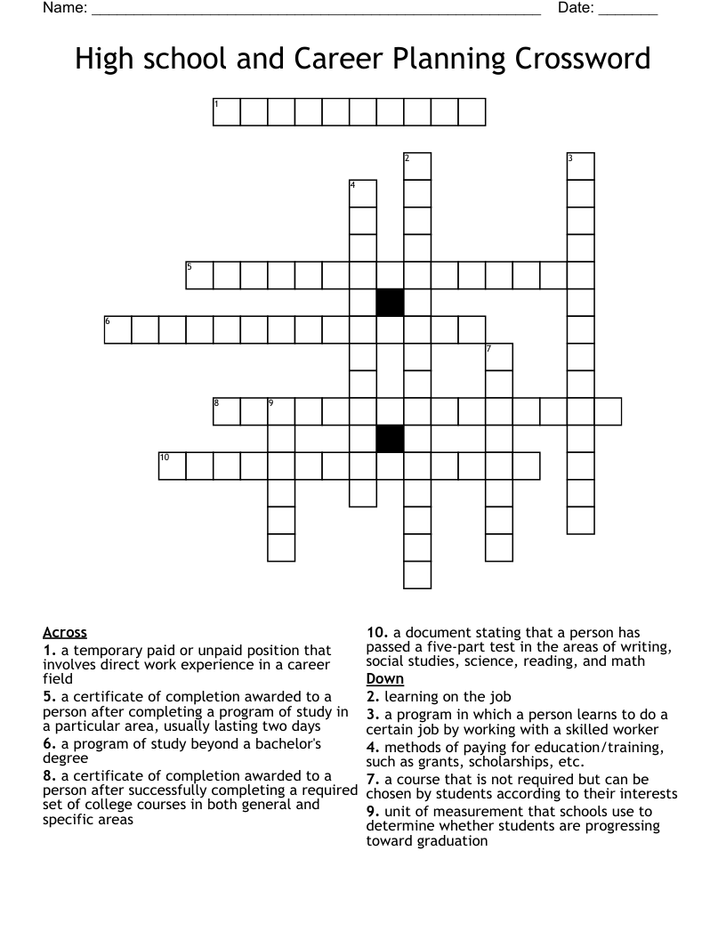 High school and Career Planning Crossword