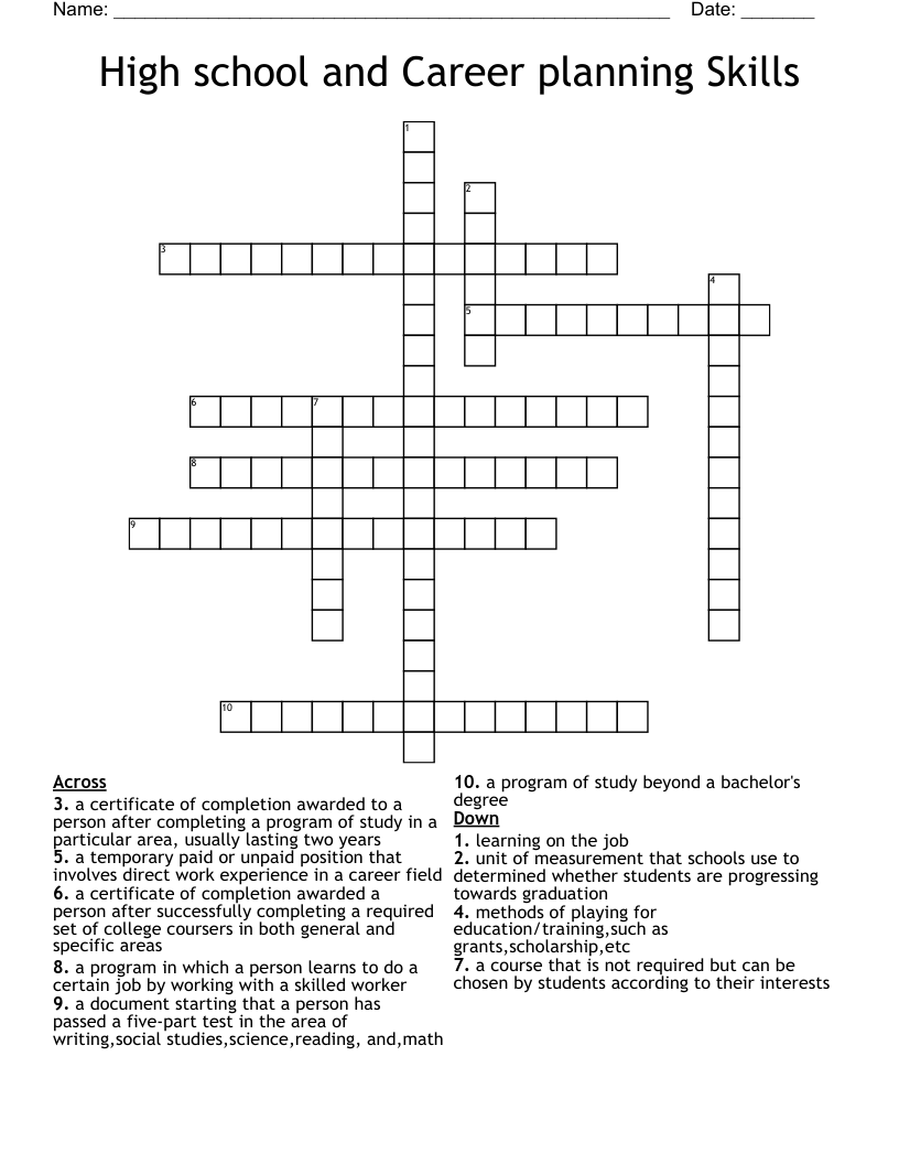 High school and Career planning Skills  Crossword