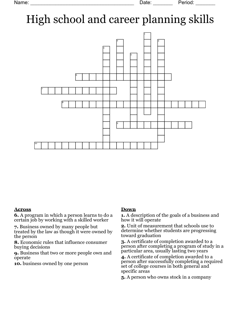High school and career planning skills  Crossword