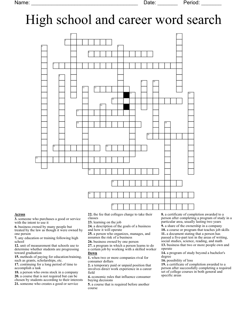 High school and career word search Crossword