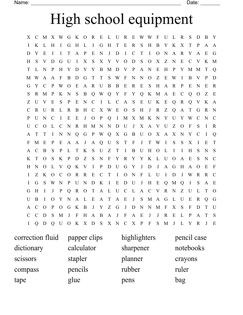 High school equipment Word Search