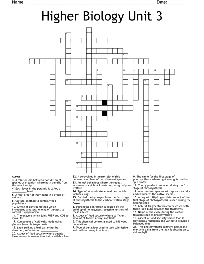 Higher Biology Unit 3 Crossword