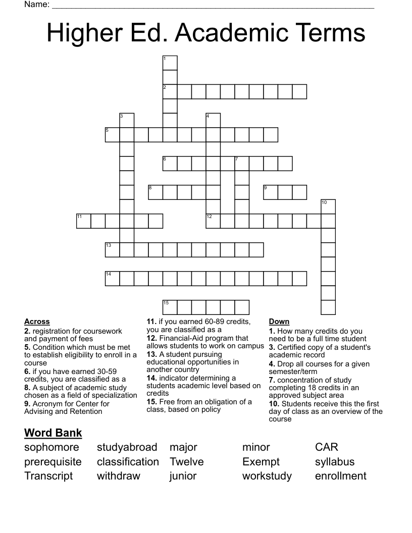 Higher Ed. Academic Terms Crossword