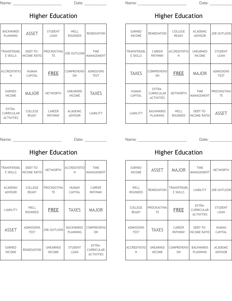 Higher Education Bingo Cards