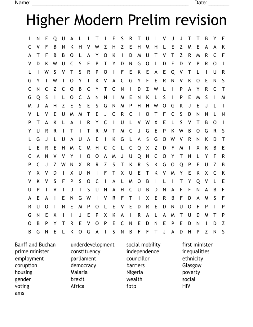 Higher Modern Prelim revision Word Search