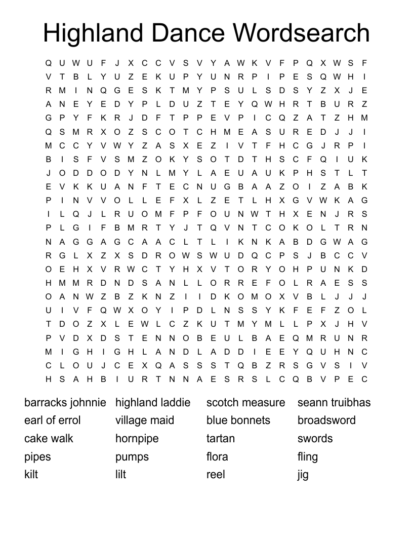 Highland Dance Wordsearch