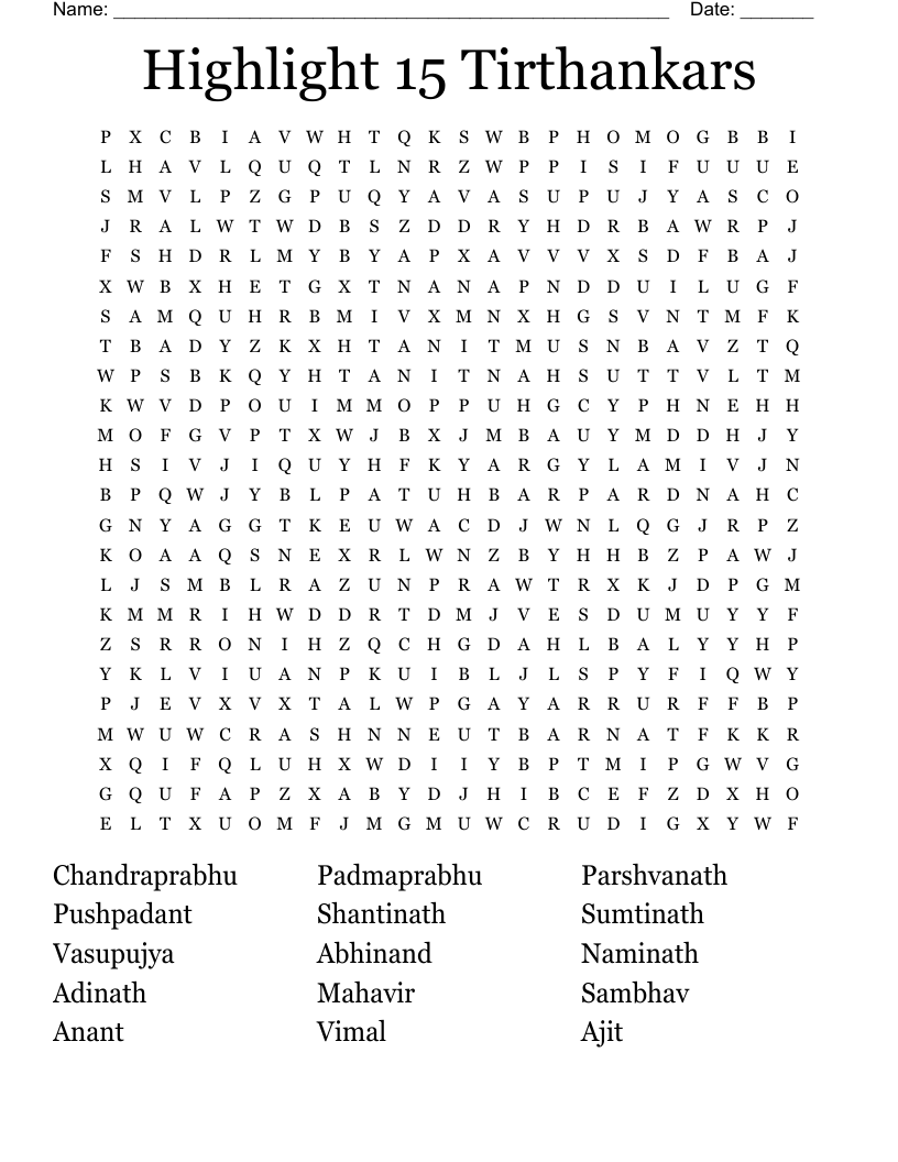 Highlight 15 Tirthankars Word Search