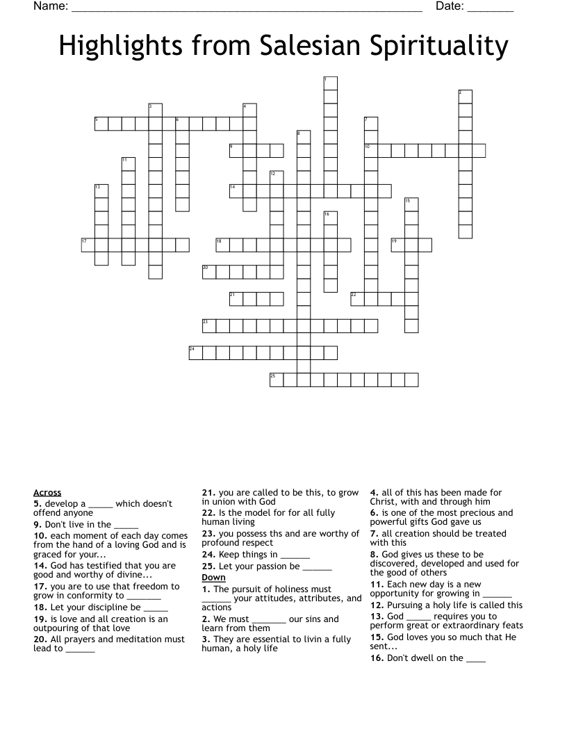 Highlights from Salesian Spirituality Crossword