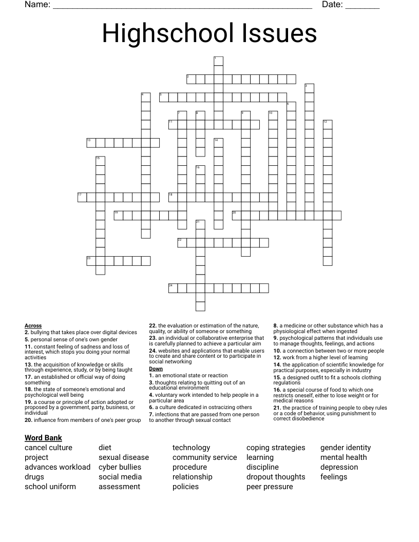 Highschool Issues Crossword