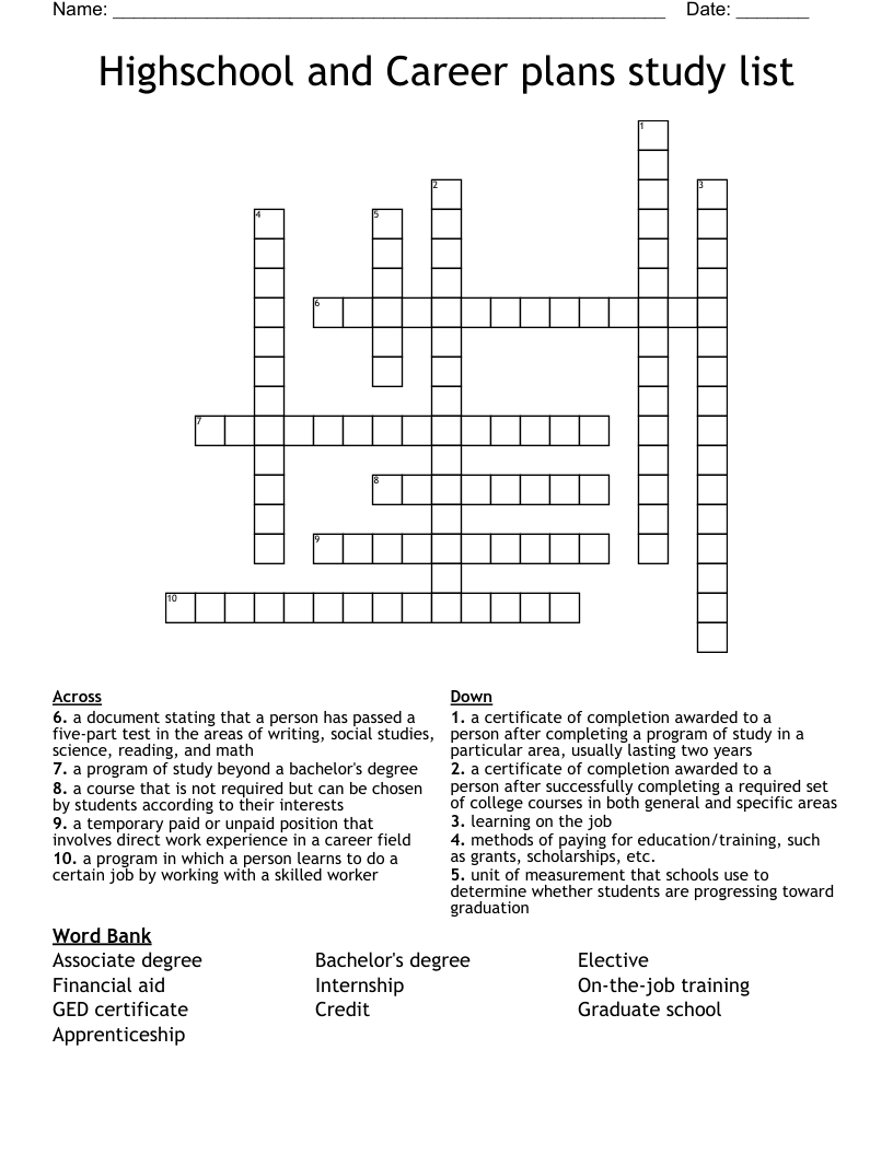 Highschool and Career plans study list  Crossword