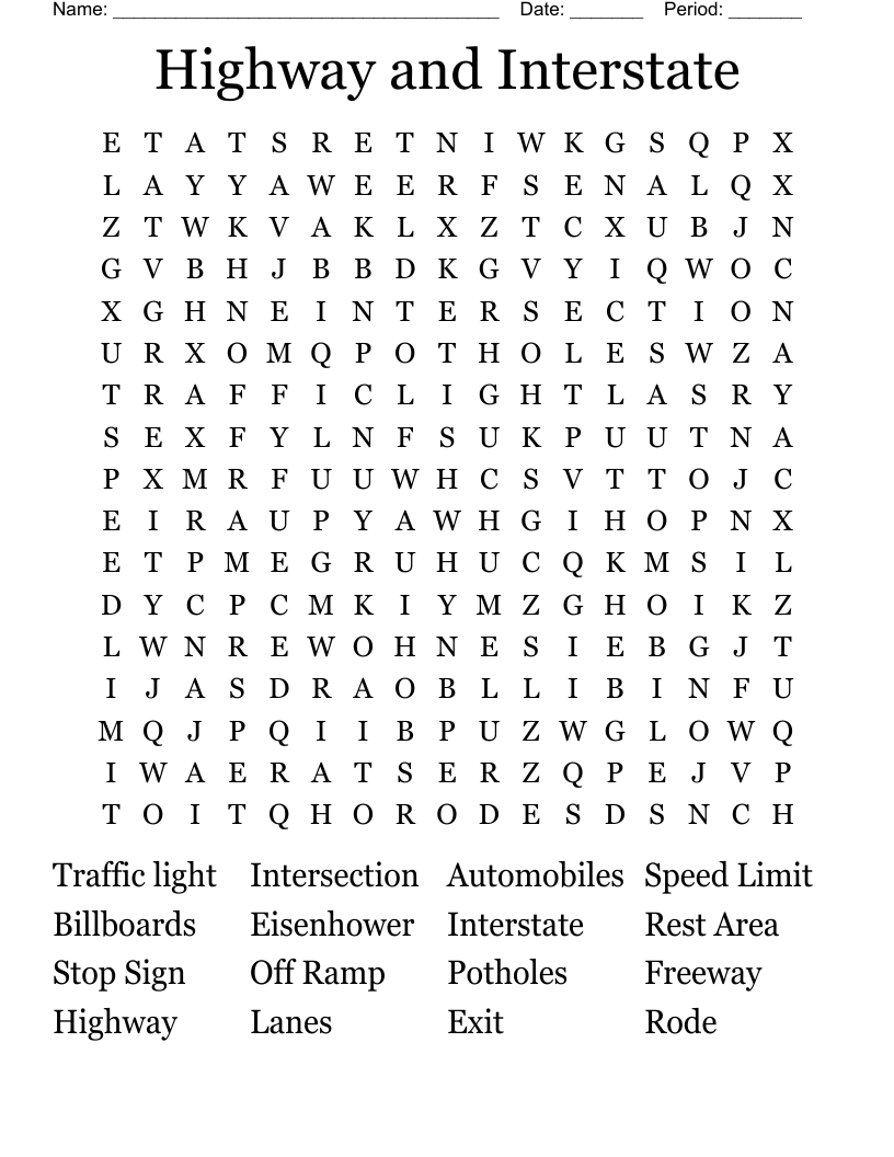 Highway and Interstate  Word Search
