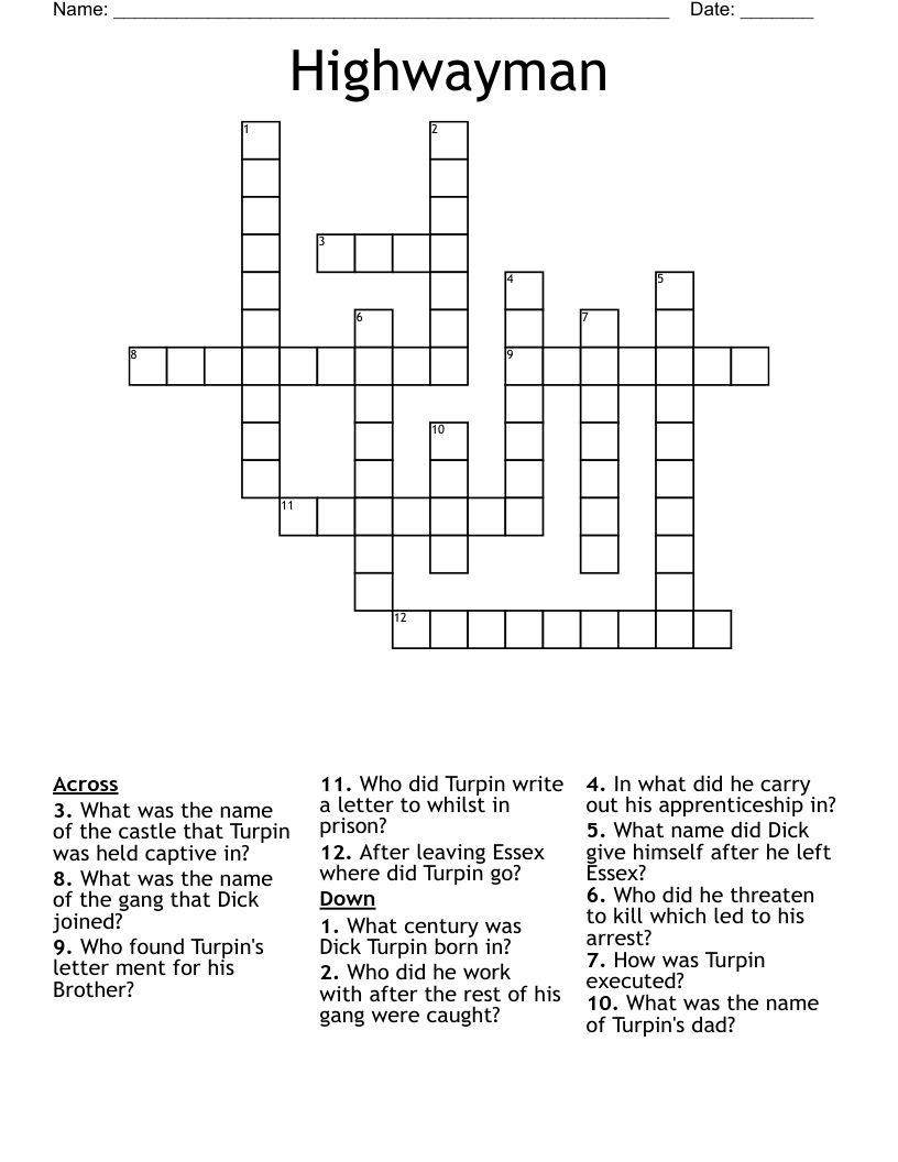 Highwayman Crossword