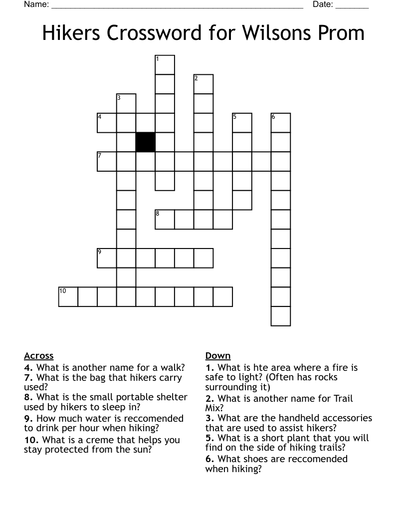 Hikers Crossword for Wilsons Prom