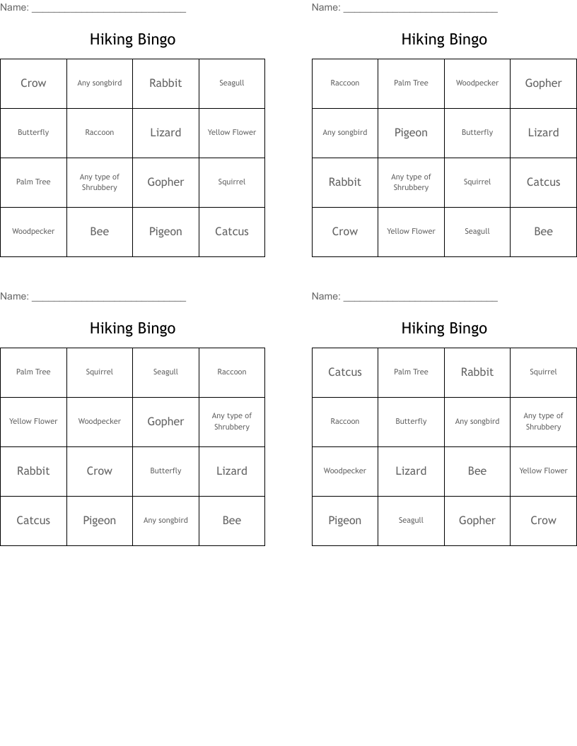 Hiking Bingo