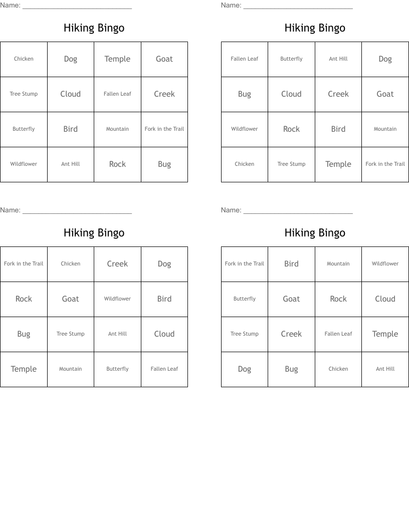 Hiking Bingo