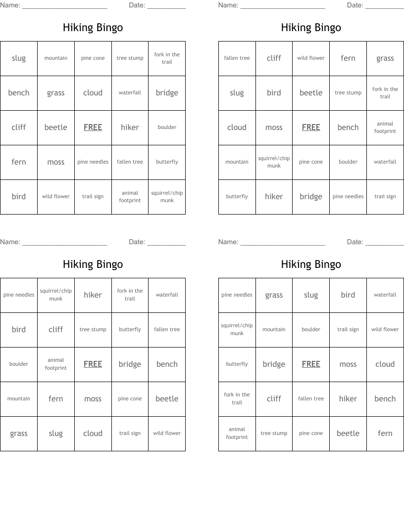 Hiking Bingo 