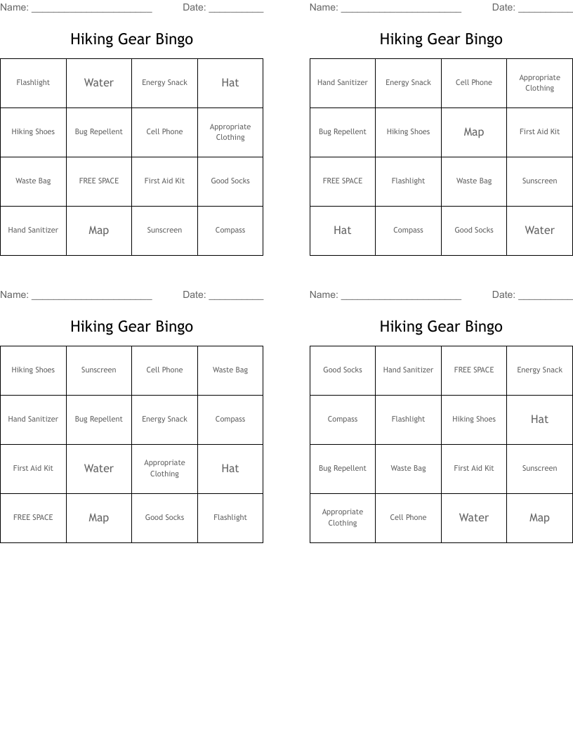 Hiking Gear Bingo