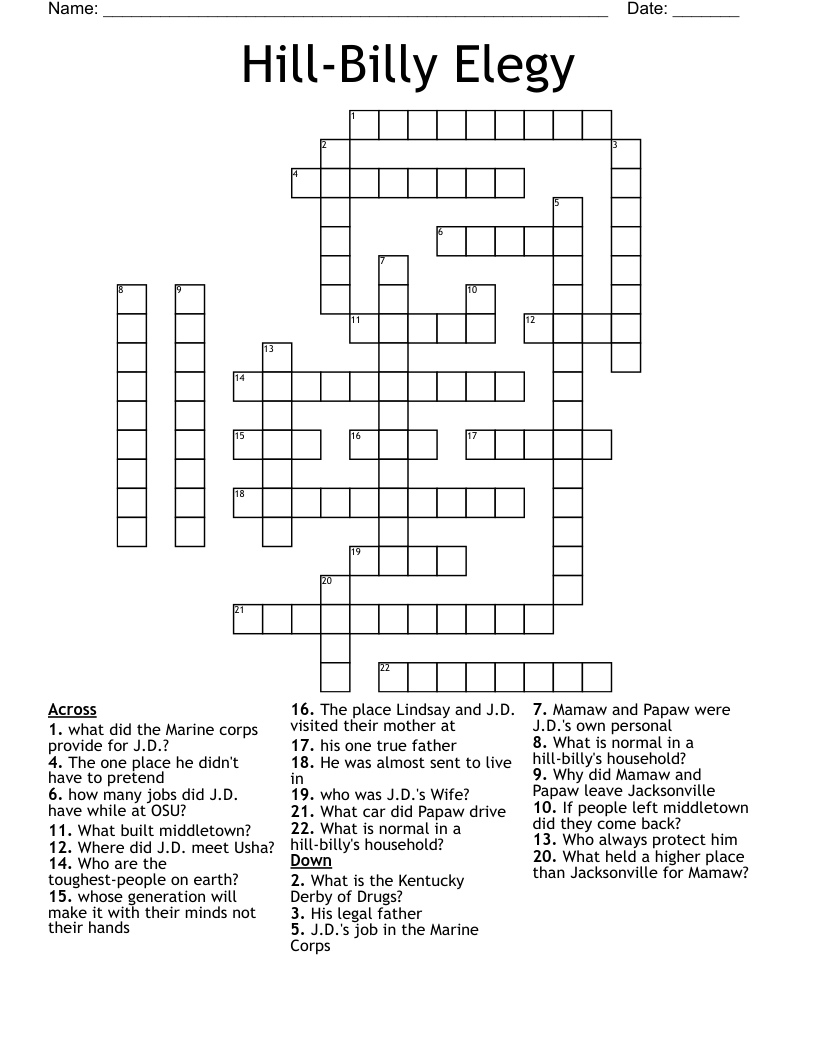 Hill-Billy Elegy  Crossword