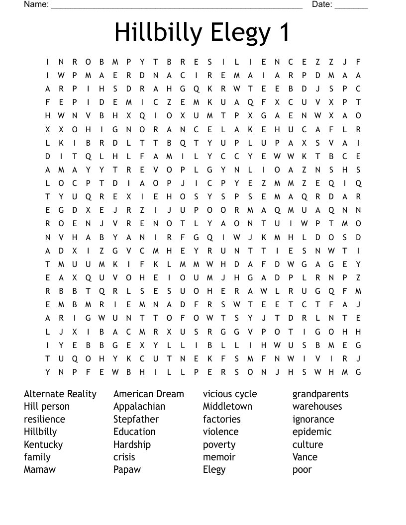 Hillbilly Elegy 1 Word Search