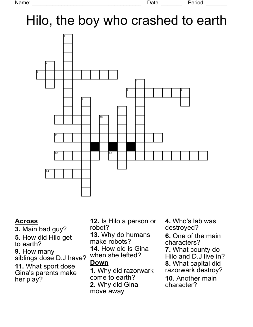 Hilo, the boy who crashed to earth Crossword