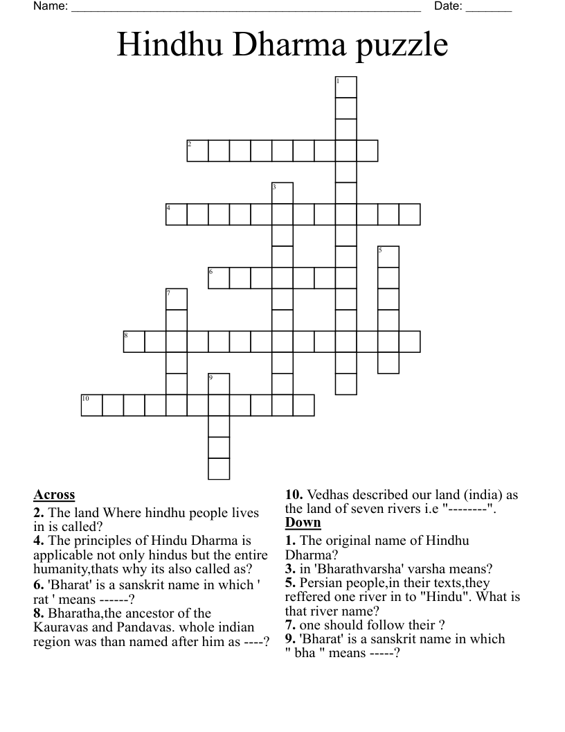 Hindhu Dharma puzzle Crossword
